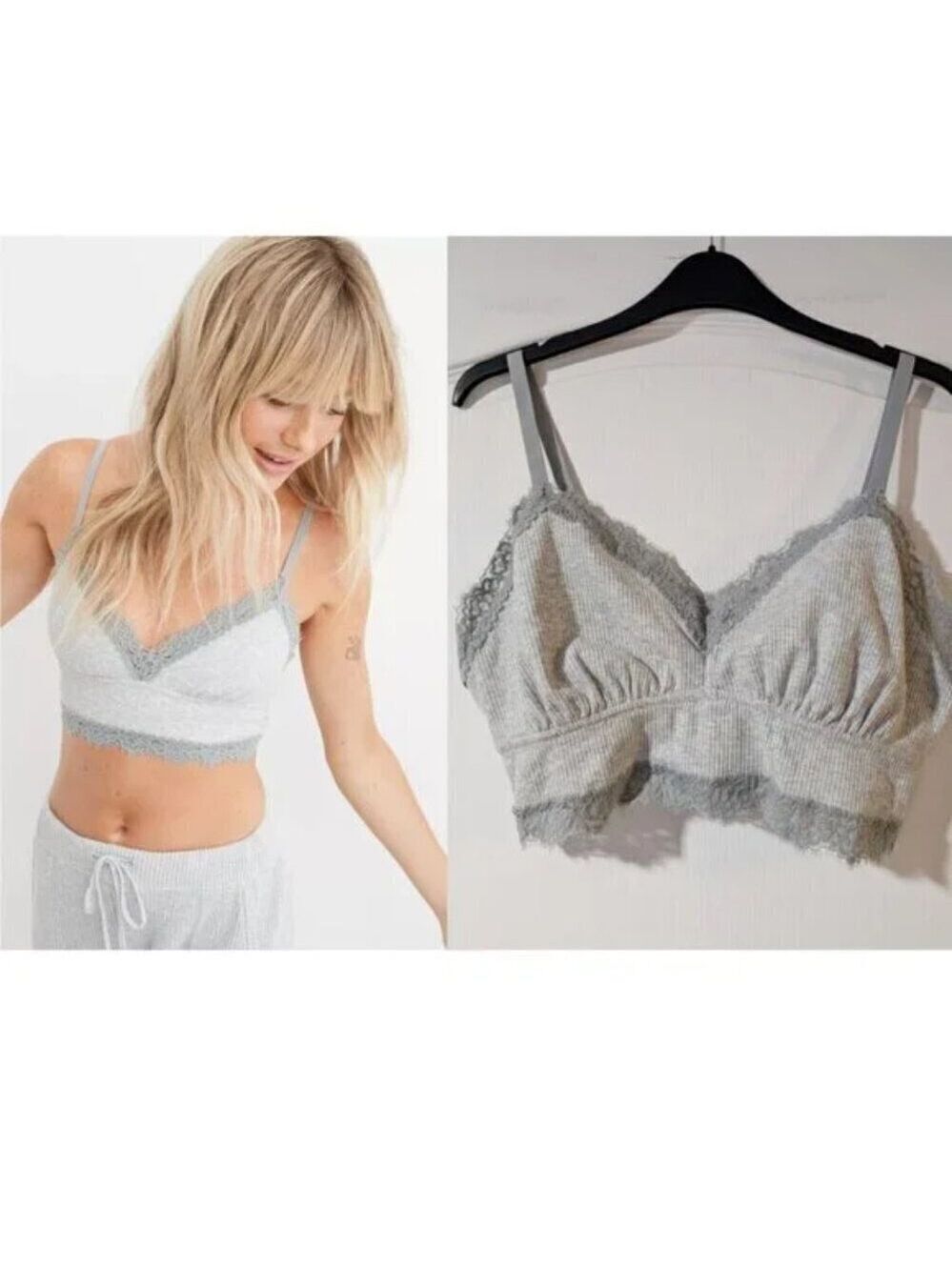 NEW Aerie | Ribbed Eyelash Lace Trim Longline Bralette in Medium Heather Grey